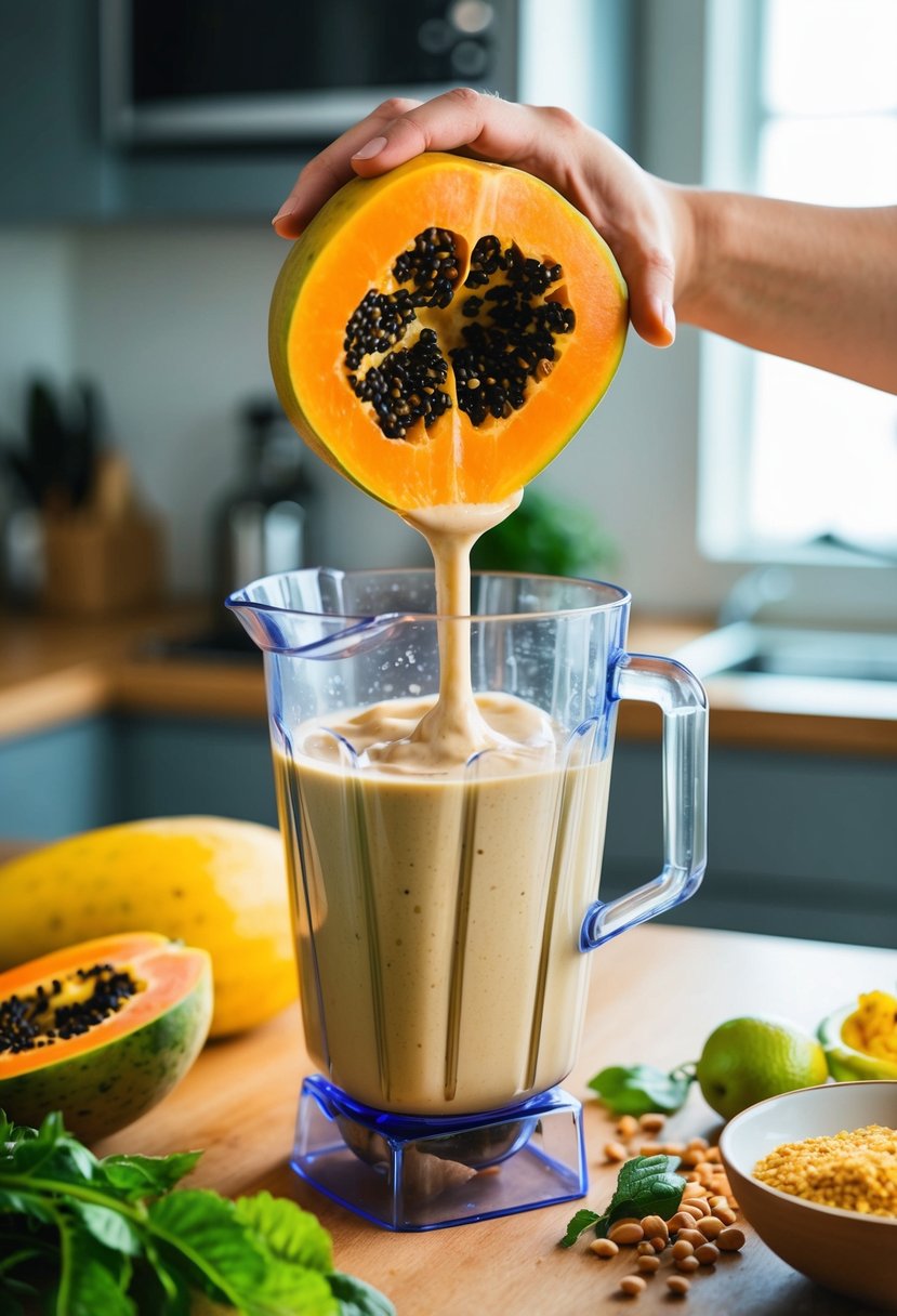 A ripe papaya being blended into a creamy smoothie with a handful of fresh ingredients surrounding it on a kitchen counter