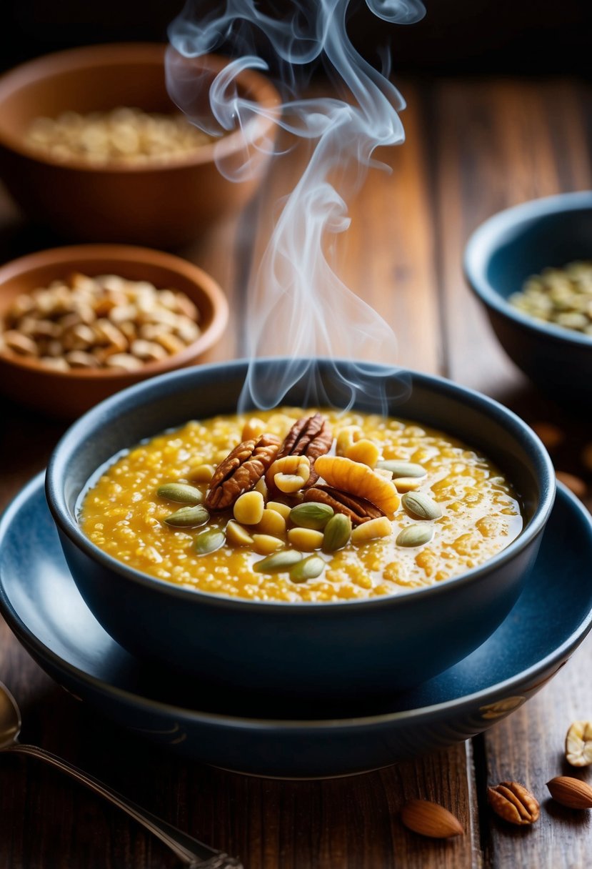 A steaming bowl of Rajgira Porridge garnished with nuts and seeds