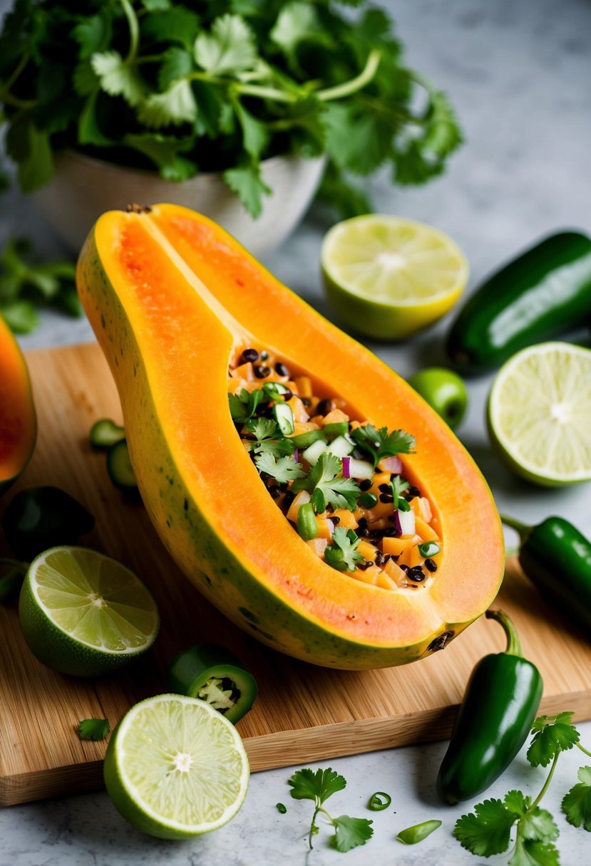 A vibrant papaya being sliced and diced, surrounded by fresh cilantro, jalapeños, and limes, ready to be turned into tangy papaya salsa