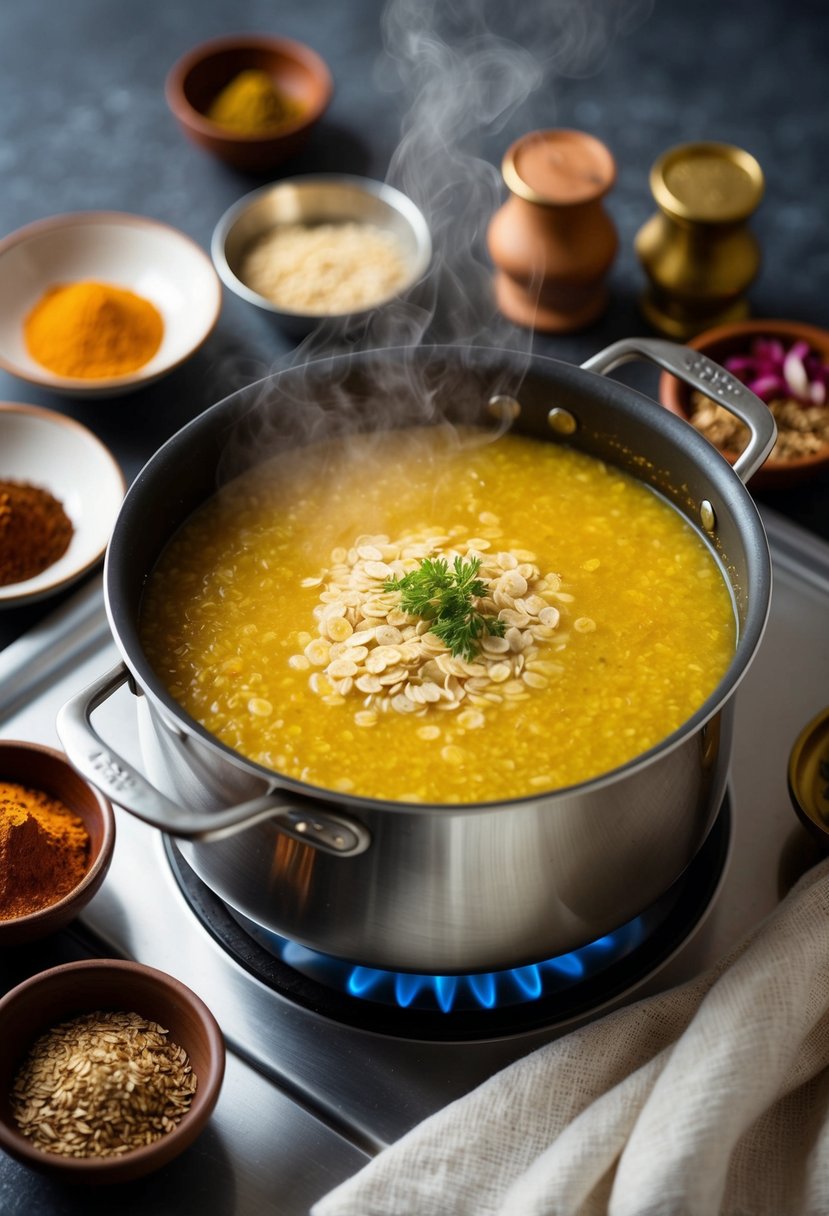 A steaming pot of oats pongal simmering on a stovetop, surrounded by traditional Indian spices and ingredients