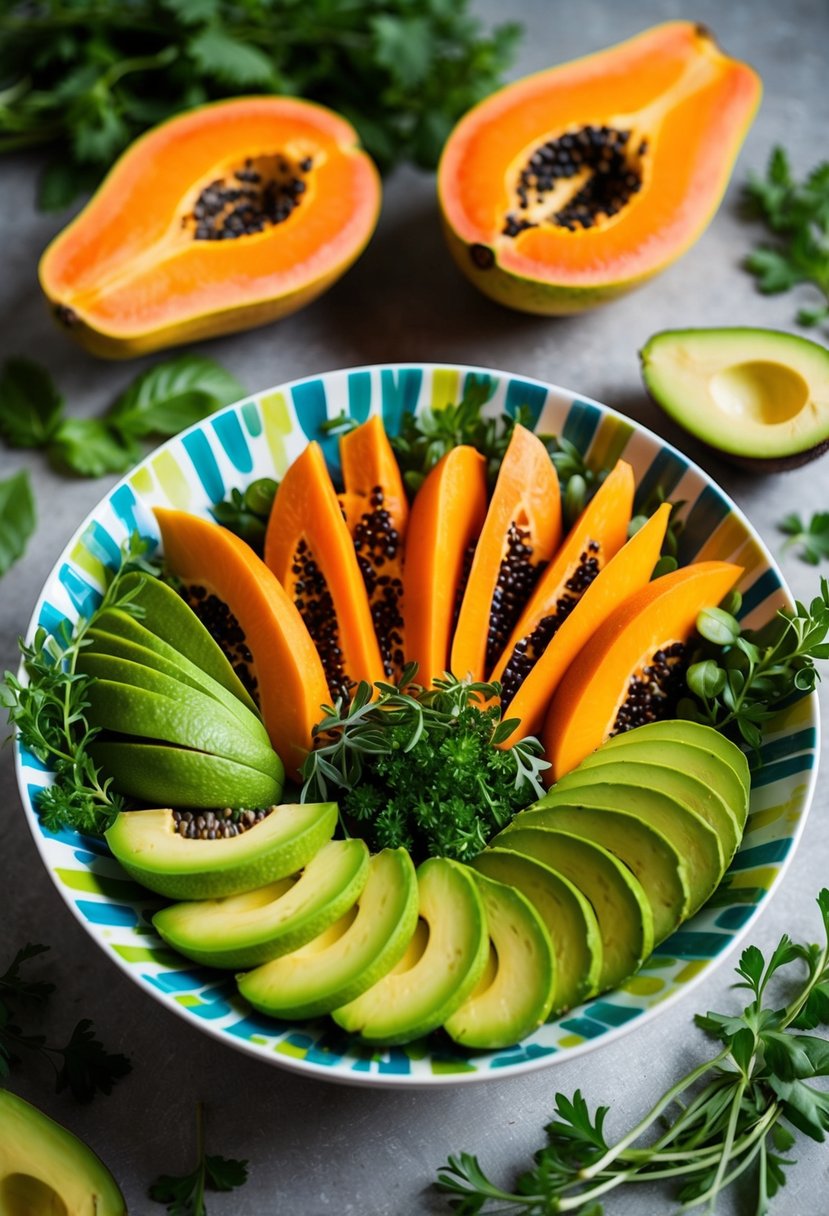 A colorful bowl filled with ripe papaya and avocado slices, arranged in an artistic pattern. Fresh greens and herbs surround the fruit, adding texture and contrast