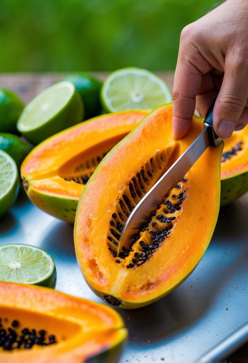 A vibrant papaya being sliced and grilled, with lime slices nearby