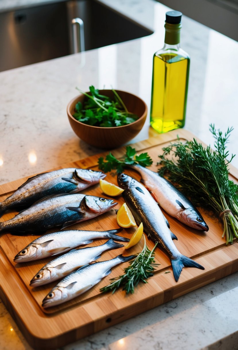 A wooden cutting board with various types of fish, a bowl of fresh herbs, and a bottle of olive oil on a kitchen countertop