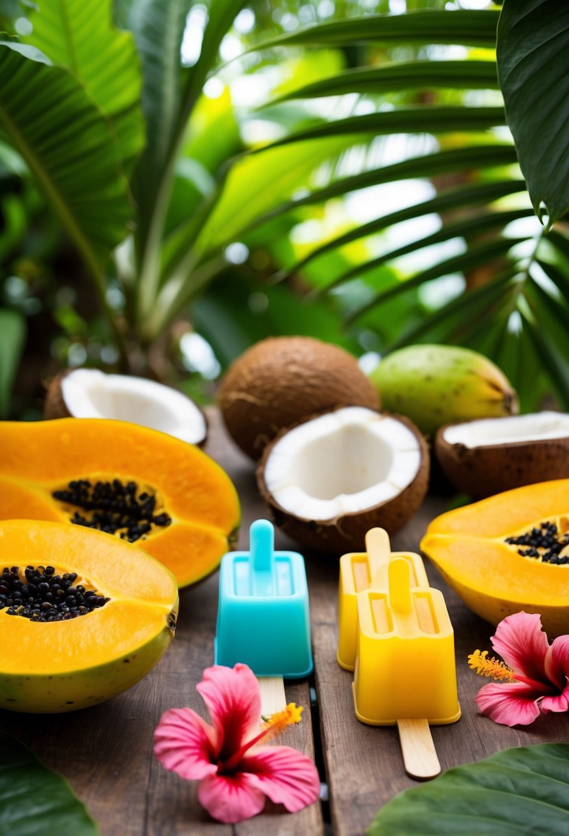 A tropical scene with ripe papayas, coconuts, and popsicle molds on a wooden table surrounded by palm leaves and hibiscus flowers