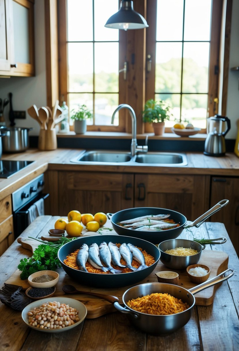 A rustic kitchen with a wooden table covered in kippers, spices, and cooking utensils for making Kedgeree. Sunlight streams through the window