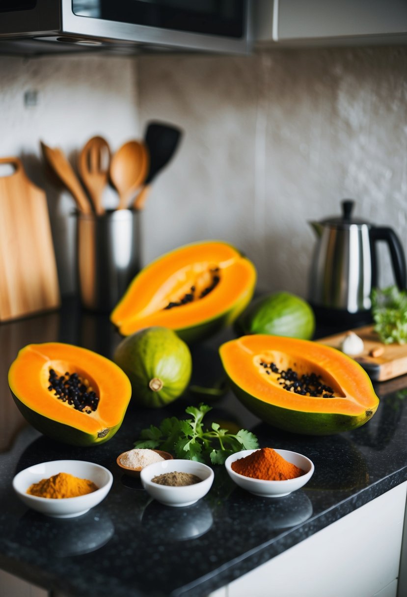 A kitchen counter with fresh papayas, spices, and cooking utensils for making papaya curry