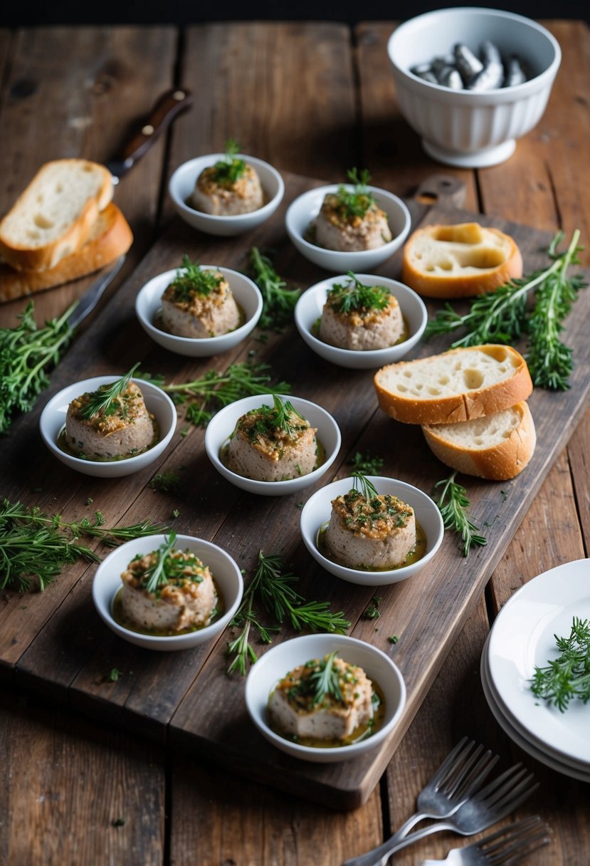 A rustic wooden table spread with a variety of smoked kipper pâté dishes, garnished with fresh herbs and served with crusty bread