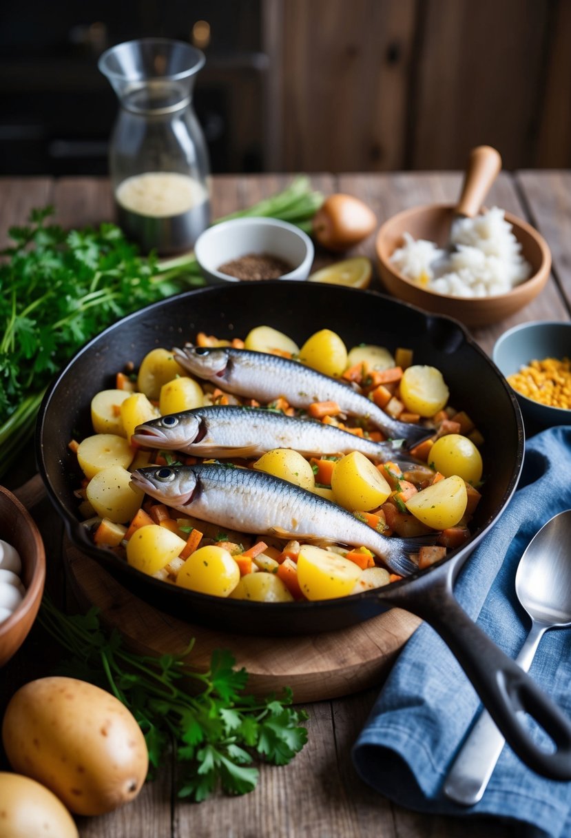 A rustic kitchen scene with a sizzling skillet of kipper and potato hash, surrounded by fresh ingredients and cooking utensils