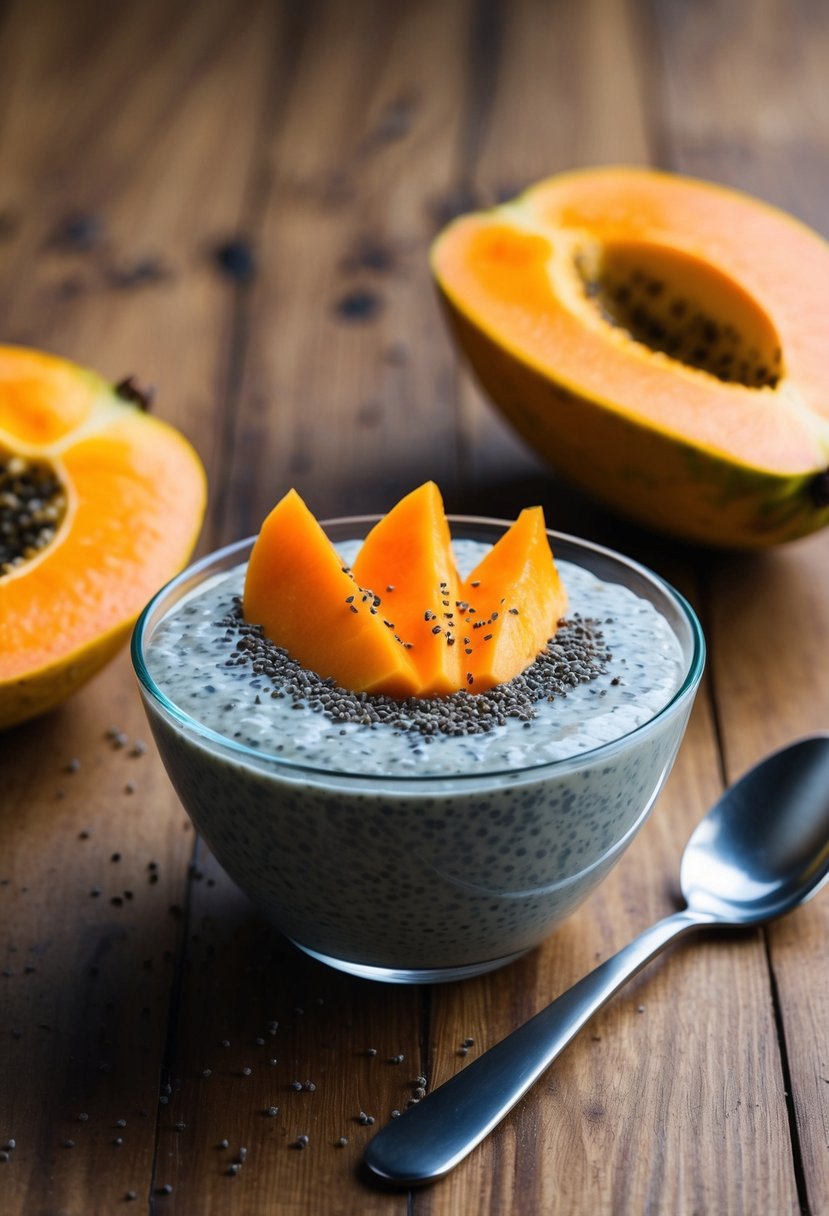 A bowl of chia pudding topped with sliced papaya and sprinkled chia seeds, set on a wooden table with a spoon beside it