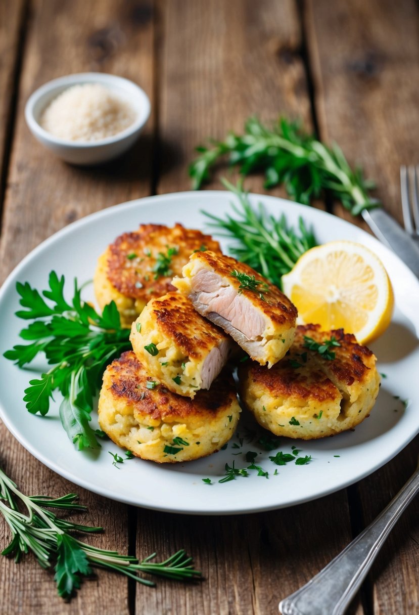 A plate of golden-brown kipper fishcakes arranged with fresh herbs and a lemon wedge on a rustic wooden table