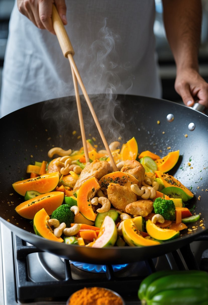 A sizzling wok tosses colorful papaya, chicken, and cashews with vibrant vegetables and aromatic spices