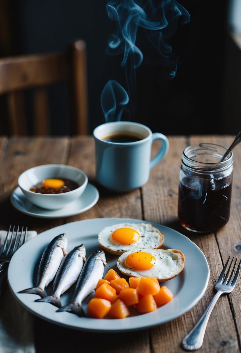 A rustic breakfast table with a plate of kippers and eggs, a steaming cup of coffee, and a jar of homemade preserves