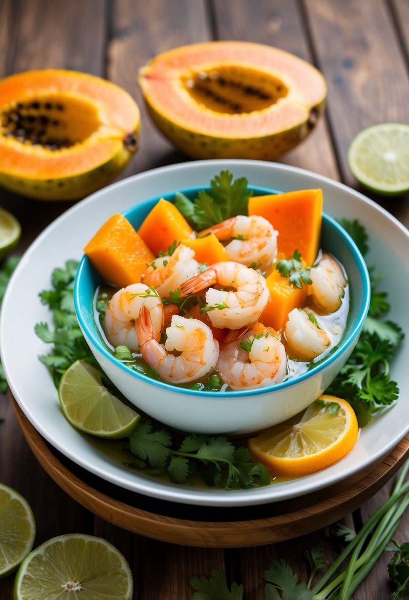 A vibrant bowl of shrimp ceviche with chunks of ripe papaya, surrounded by fresh herbs and citrus slices on a wooden table