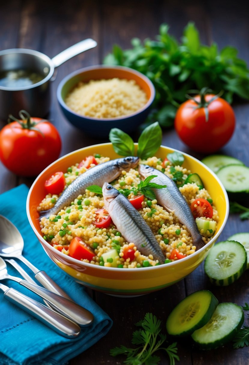 A colorful bowl of couscous salad with kippers, surrounded by fresh ingredients like tomatoes, cucumbers, and herbs