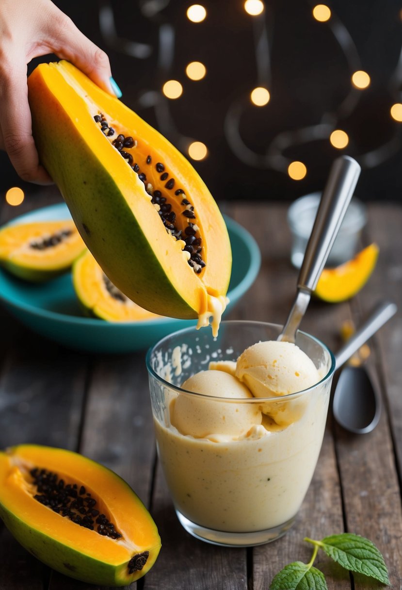 A ripe papaya being peeled and blended into a creamy sorbet mixture