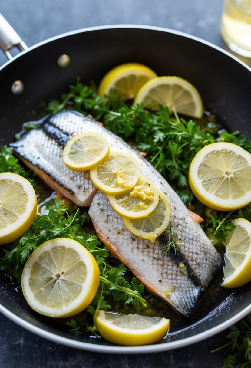 A sizzling kipper fillet topped with lemon butter, surrounded by a bed of fresh herbs and slices of lemon