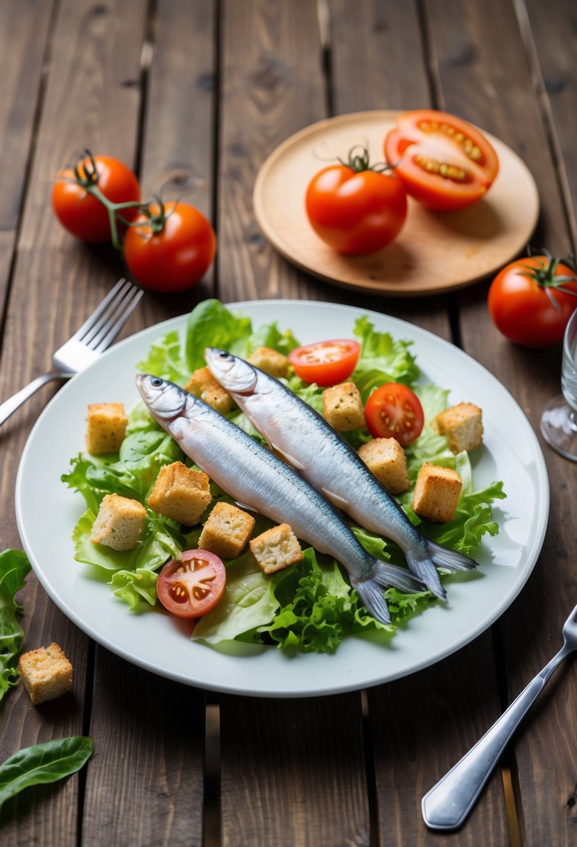 A wooden table set with a Caesar salad topped with kippers, surrounded by fresh lettuce, tomatoes, and croutons