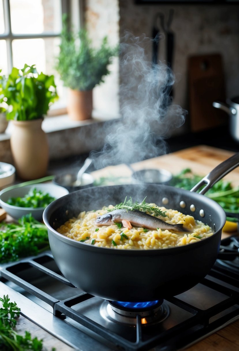 A rustic kitchen with a steaming pot of kipper risotto simmering on the stove, surrounded by fresh herbs and cooking utensils