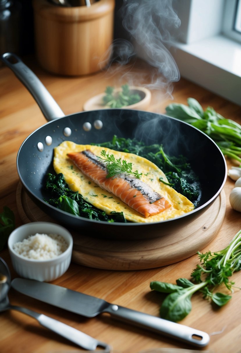 A sizzling pan with a golden-brown kipper and spinach omelette, steam rising, surrounded by fresh ingredients and utensils on a wooden kitchen counter