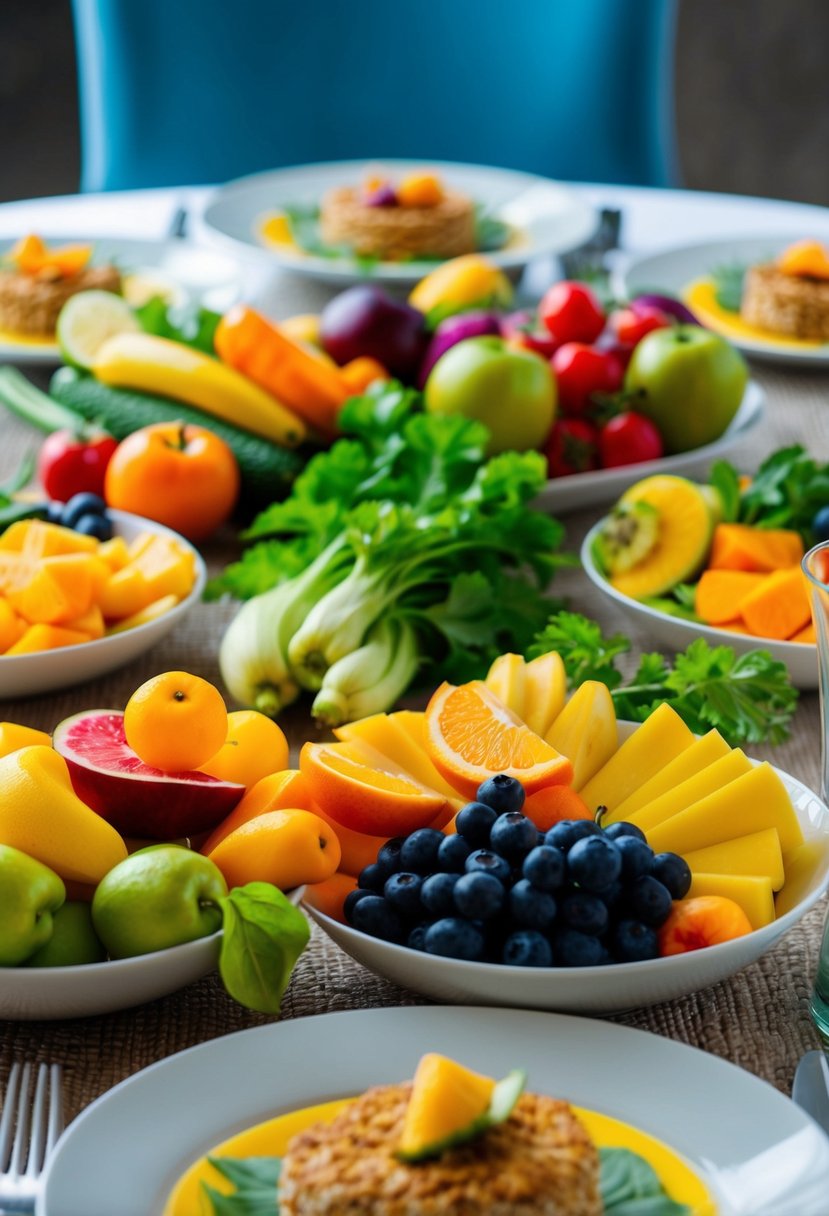 A table set with colorful, fresh fruits, vegetables, and lean proteins for low cholesterol diet recipes