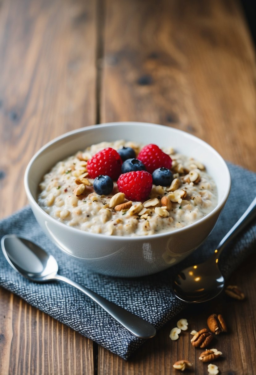 A bowl of oatmeal topped with fresh berries and a sprinkle of nuts on a wooden table