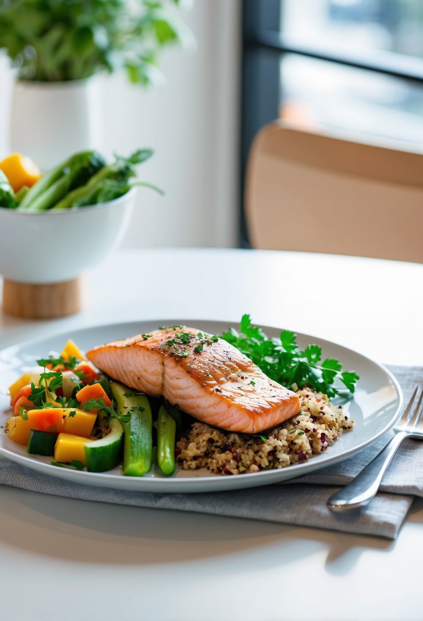 A plate of grilled salmon with quinoa, accompanied by colorful vegetables and a sprinkle of fresh herbs, sits on a clean, modern table setting