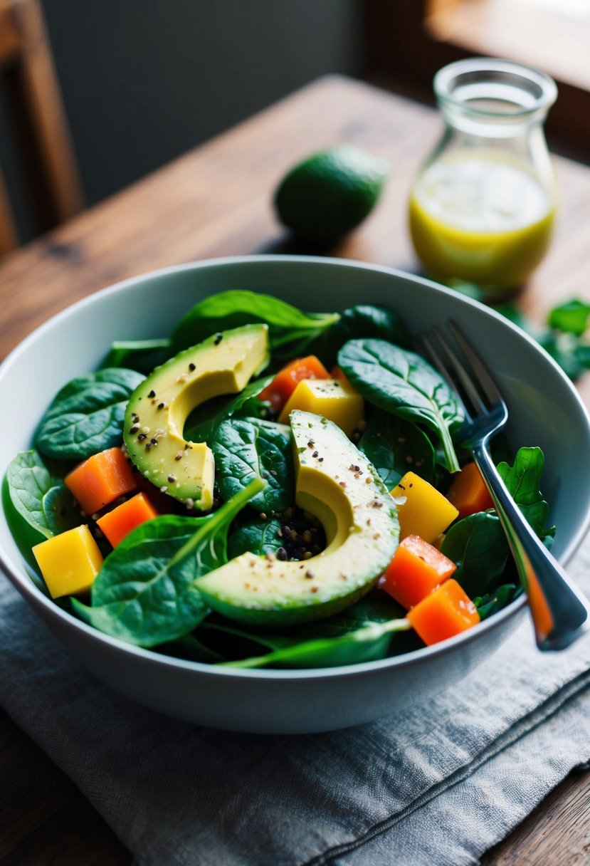 A bowl of spinach and avocado salad with colorful vegetables and a light vinaigrette dressing on a wooden table