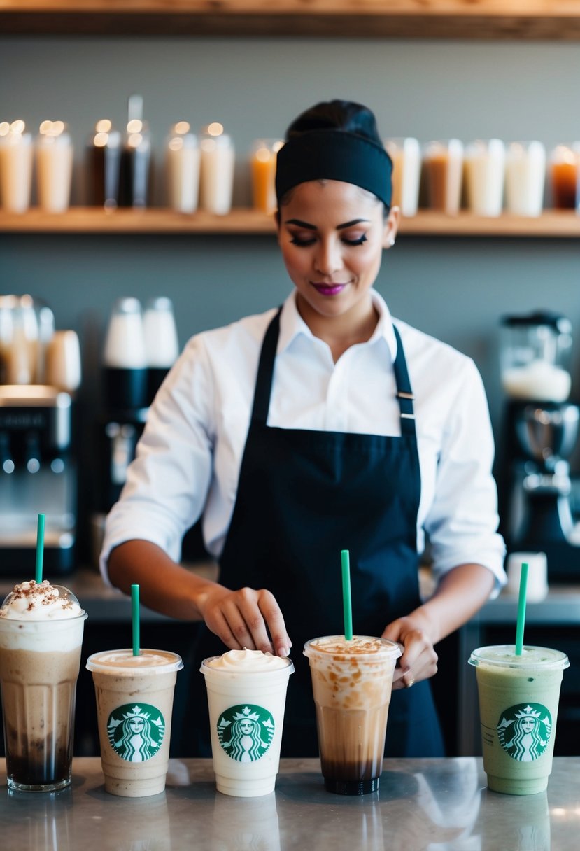 A barista prepares a variety of Starbucks drink recipes, including frappuccinos, lattes, and iced teas, behind the counter