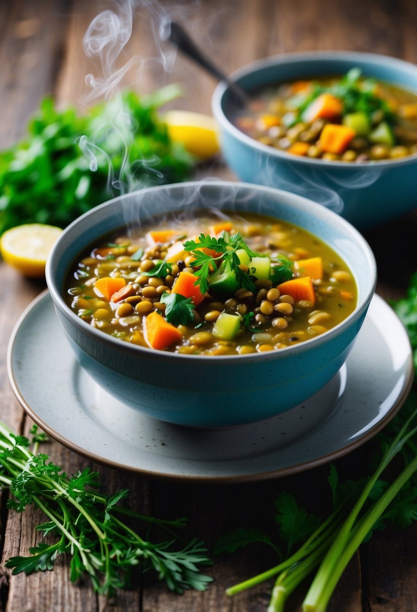 A steaming bowl of lentil soup surrounded by fresh vegetables and herbs on a rustic wooden table