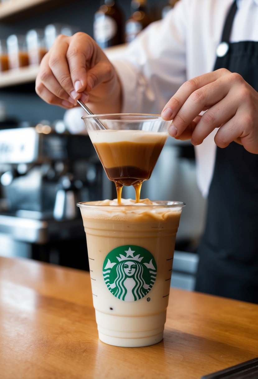 A barista prepares an Iced Caramel Macchiato at Starbucks, layering espresso, milk, and caramel syrup in a clear cup with ice