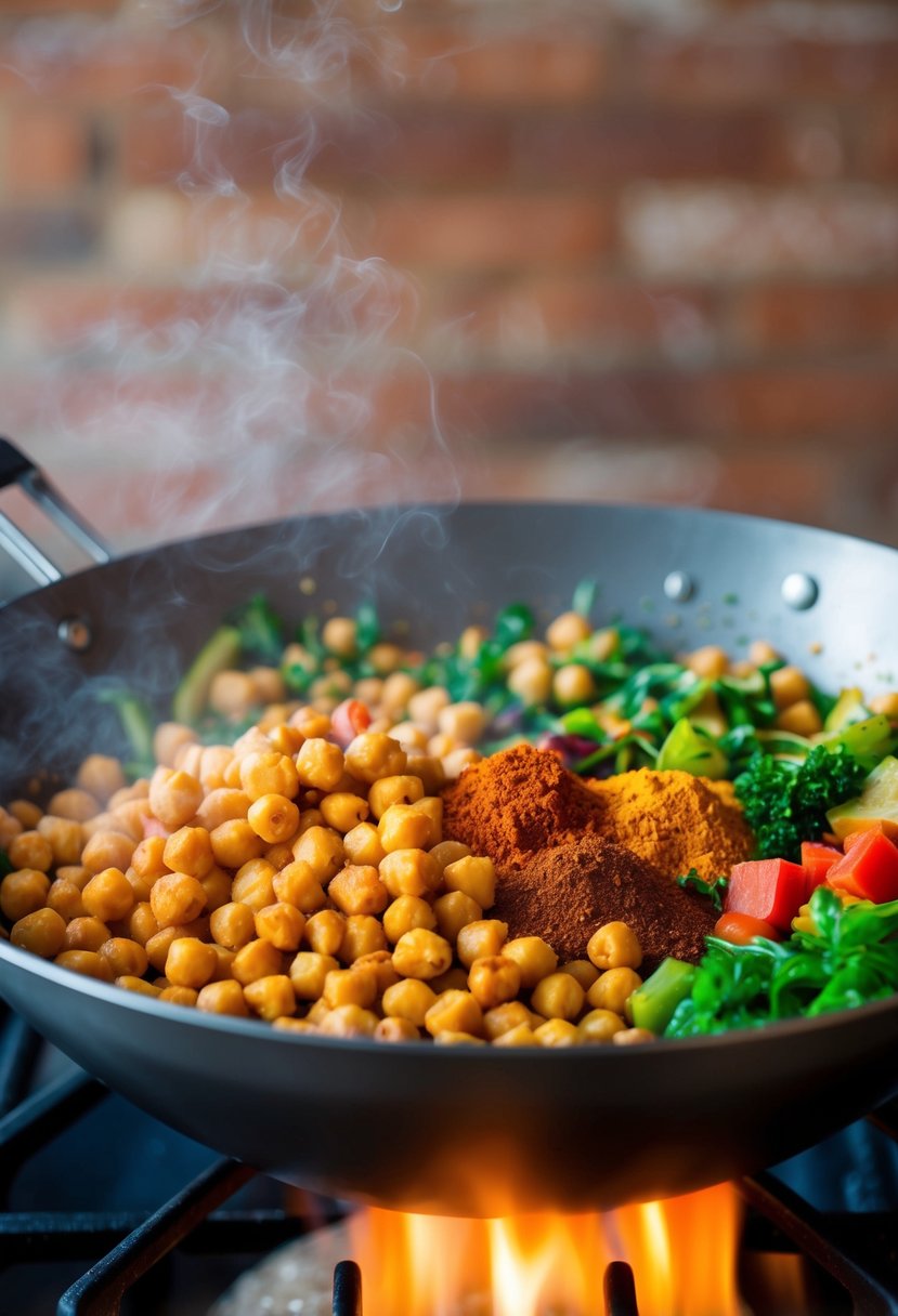 A colorful array of chickpeas, vegetables, and spices sizzling in a wok over a flame