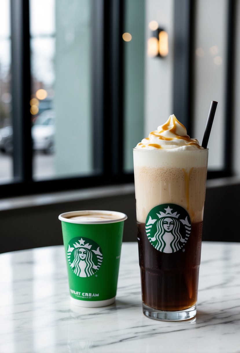 A tall glass of Vanilla Sweet Cream Cold Brew sits on a marble table next to a green Starbucks logo cup. The drink is topped with a layer of creamy foam and drizzled with vanilla syrup