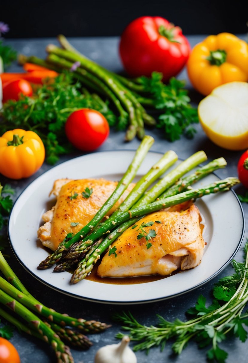 A plate of baked chicken with asparagus, surrounded by colorful vegetables and herbs