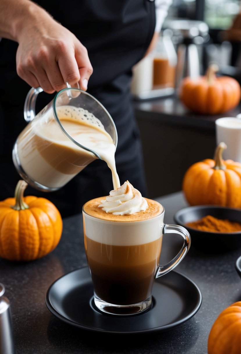 A barista prepares a Pumpkin Spice Latte at Starbucks, pouring steamed milk into a cup of espresso and pumpkin syrup, topping it with whipped cream and a sprinkle of spice