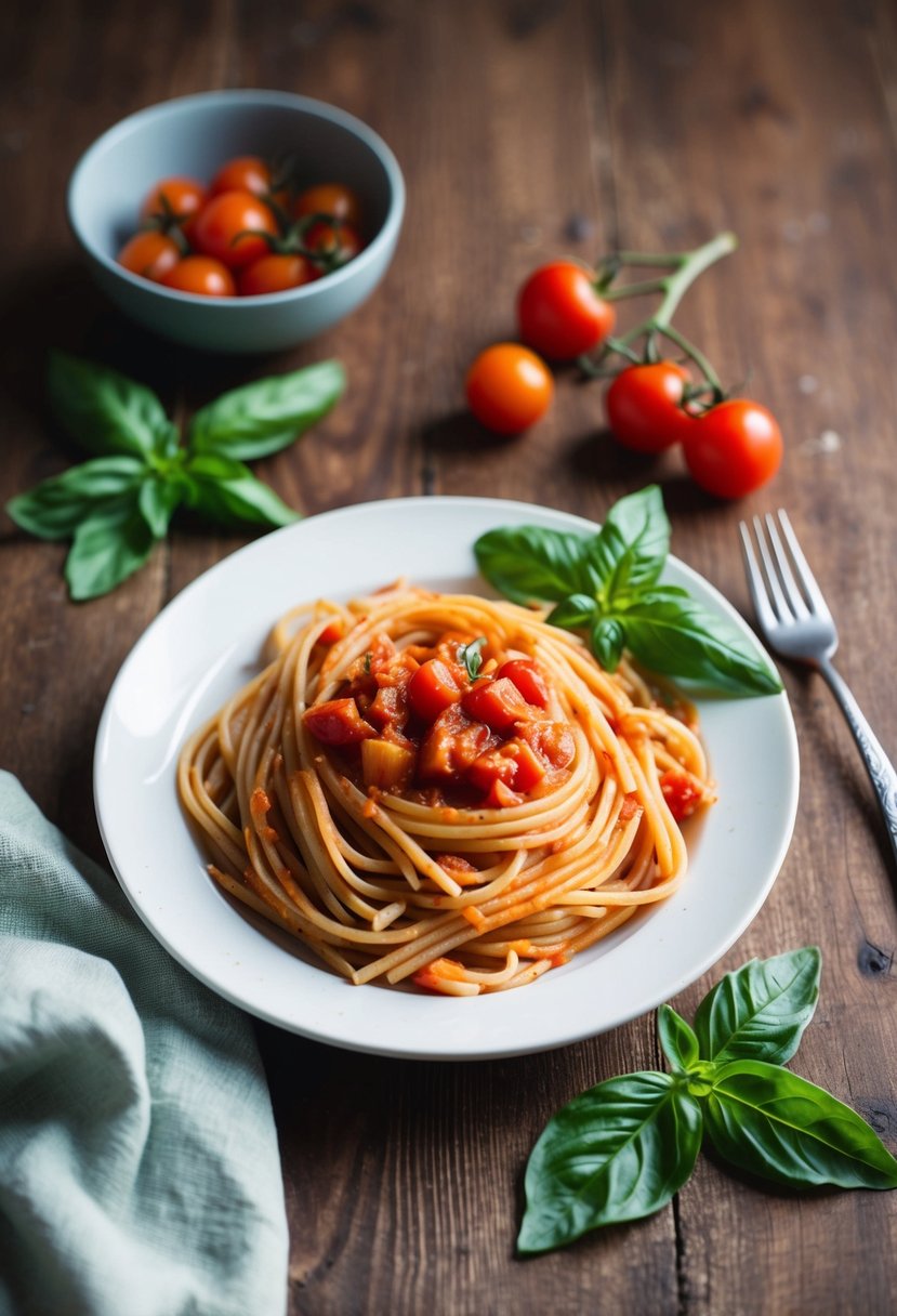 A plate of whole wheat pasta with tomato sauce, surrounded by fresh basil leaves and cherry tomatoes