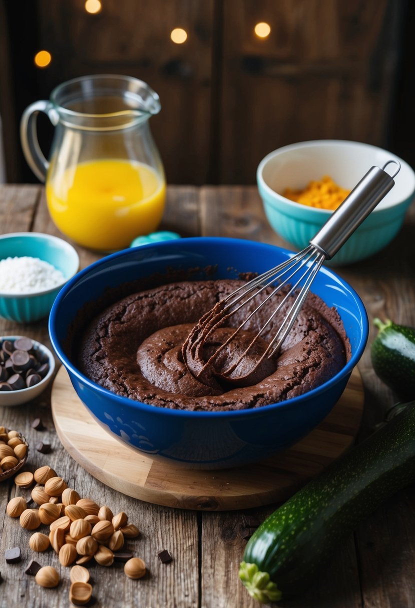 A zucchini chocolate cake being made in a rustic kitchen setting. Ingredients laid out on a wooden table, mixing bowl and whisk in use