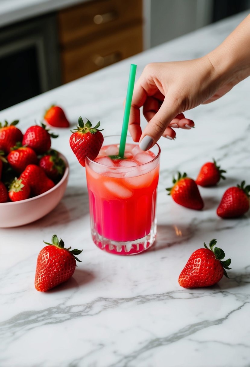 A hand reaches for a vibrant pink drink on a white marble counter, surrounded by fresh strawberries and a green straw