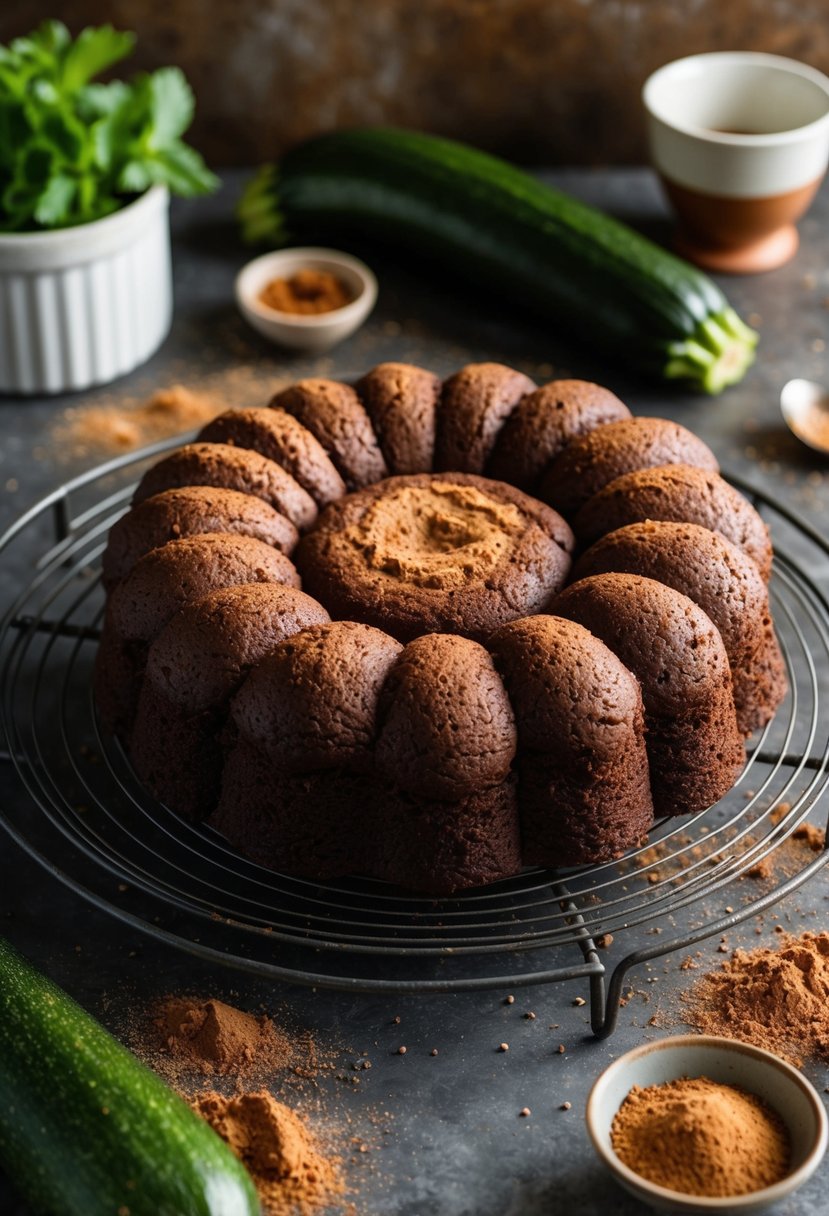 A rustic kitchen counter with a freshly baked zucchini chocolate cake cooling on a wire rack, surrounded by scattered cocoa powder and grated zucchini