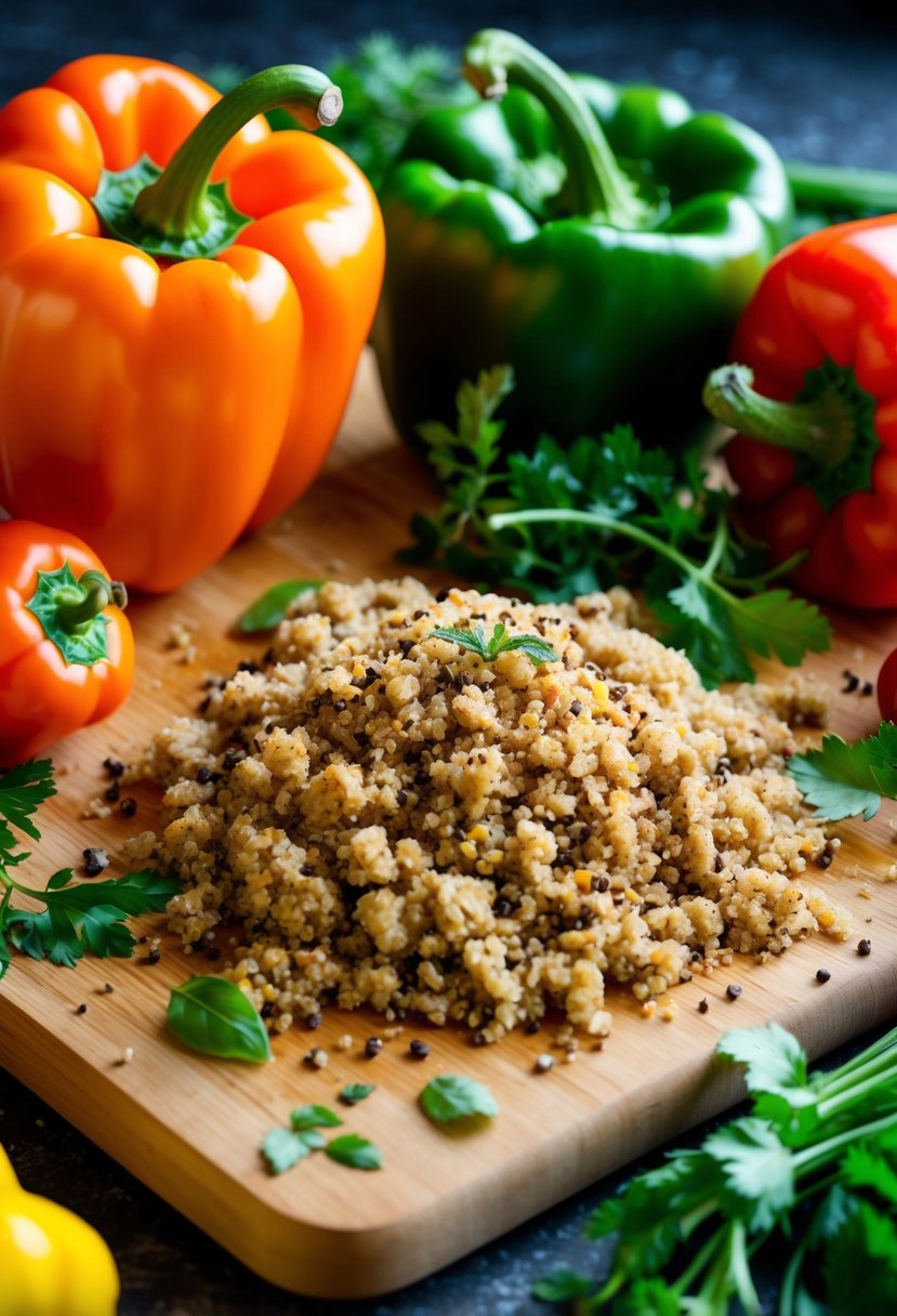 Fresh bell peppers, quinoa, and lean ground turkey on a cutting board surrounded by colorful vegetables and herbs