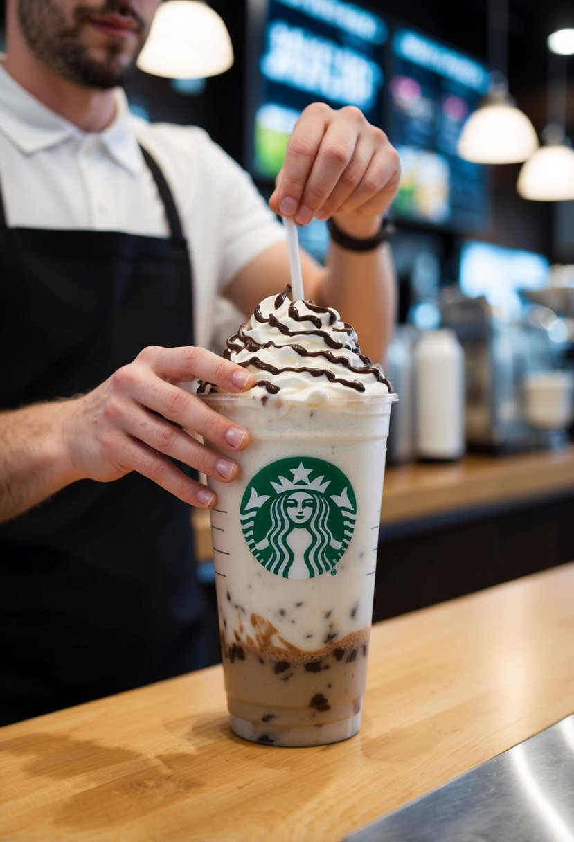 A barista prepares a Java Chip Frappuccino at Starbucks, blending ice, coffee, milk, and chocolate chips, then topping it with whipped cream and chocolate drizzle