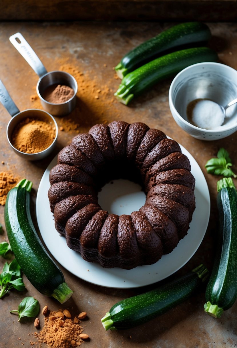 A rustic kitchen counter with a freshly baked vegan zucchini chocolate cake surrounded by raw zucchinis, cacao powder, and a mixing bowl