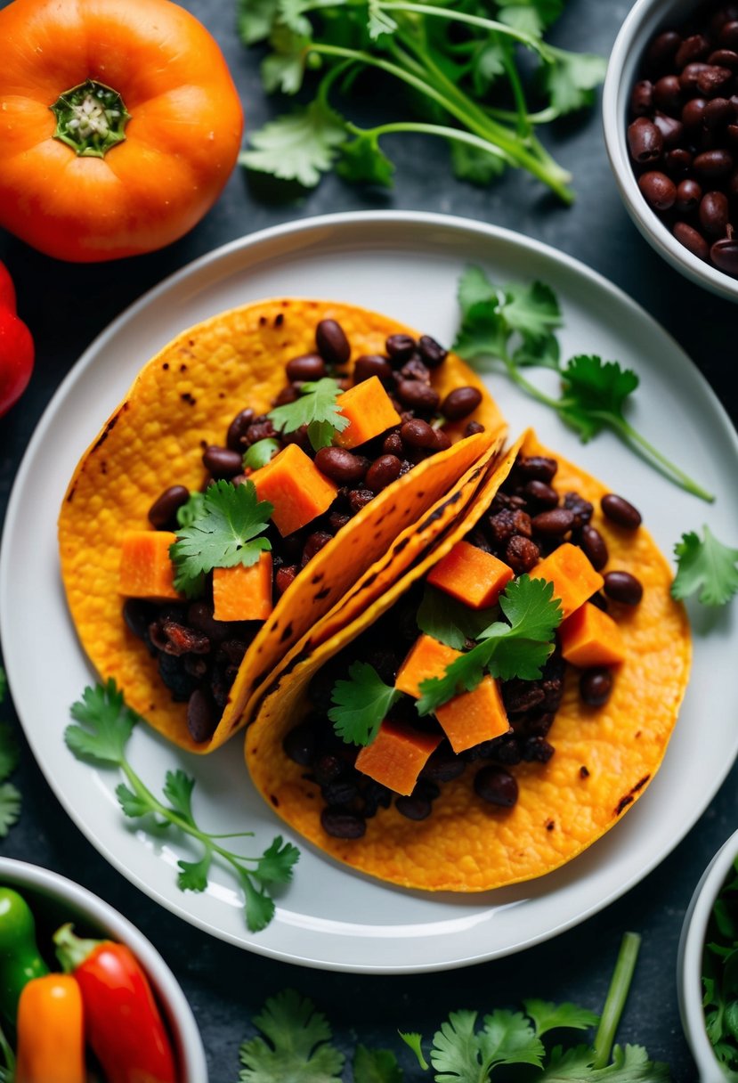 A plate of sweet potato and black bean tacos surrounded by colorful vegetables and herbs