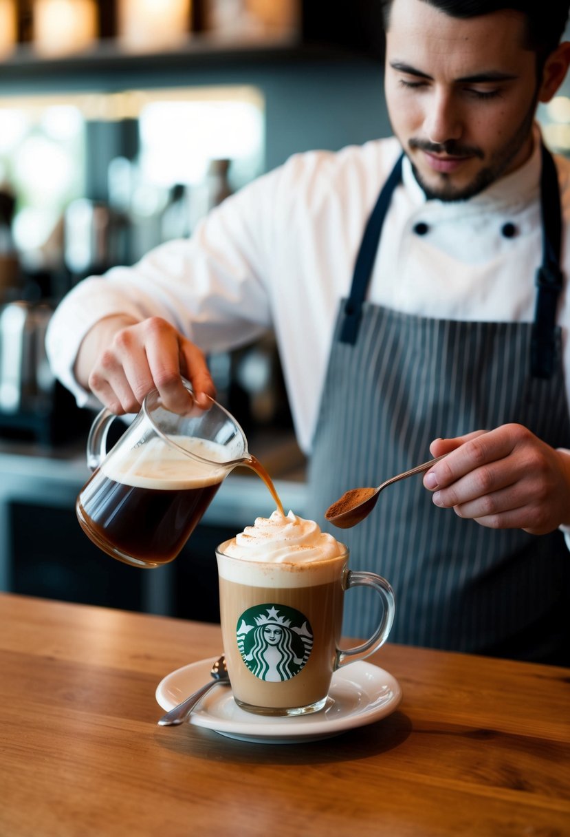 A barista prepares a Cinnamon Dolce Latte at Starbucks, steaming milk and adding espresso, cinnamon syrup, and whipped cream