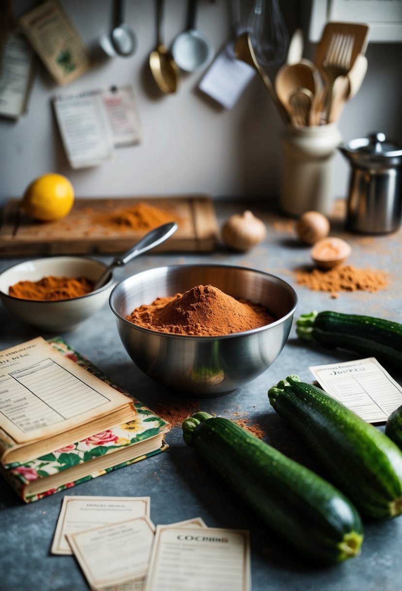 A rustic kitchen with fresh zucchinis, cocoa powder, and a mixing bowl, surrounded by scattered recipe cards and a vintage cookbook