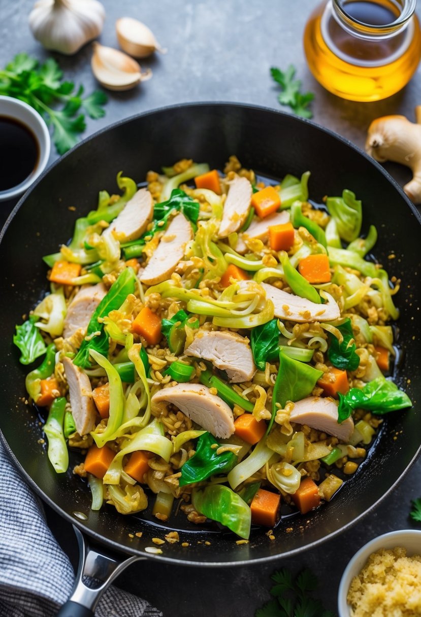 A sizzling skillet with colorful turkey and cabbage stir-fry, surrounded by fresh ingredients like garlic, ginger, and soy sauce