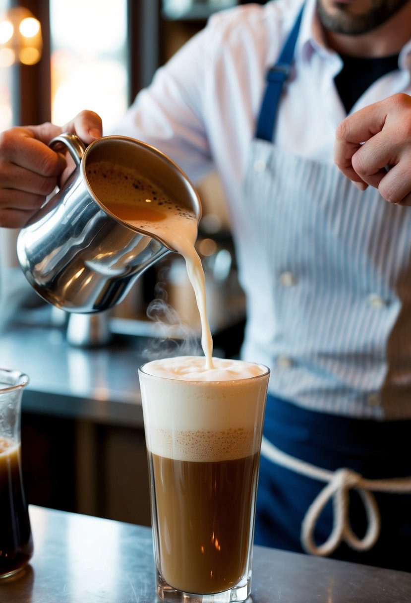 A barista prepares a steaming Chai Tea Latte, pouring frothy milk into a tall cup of spiced tea