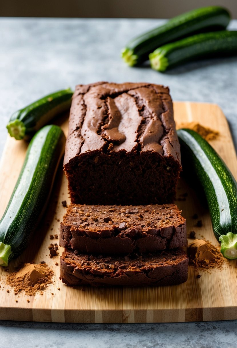 A loaf of double chocolate zucchini cake surrounded by fresh zucchinis and cocoa powder on a wooden cutting board