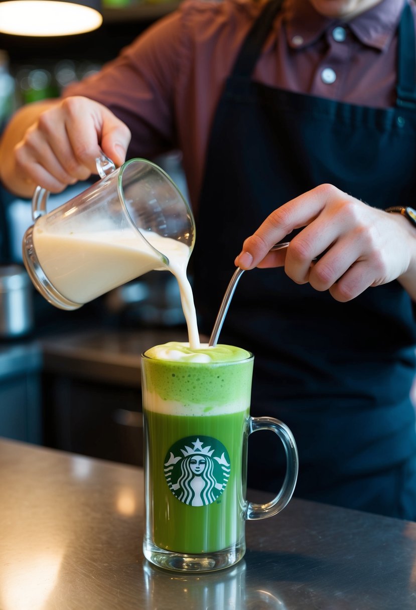 A barista prepares a Matcha Green Tea Latte at Starbucks, carefully pouring steamed milk into a vibrant green matcha mixture in a clear glass mug