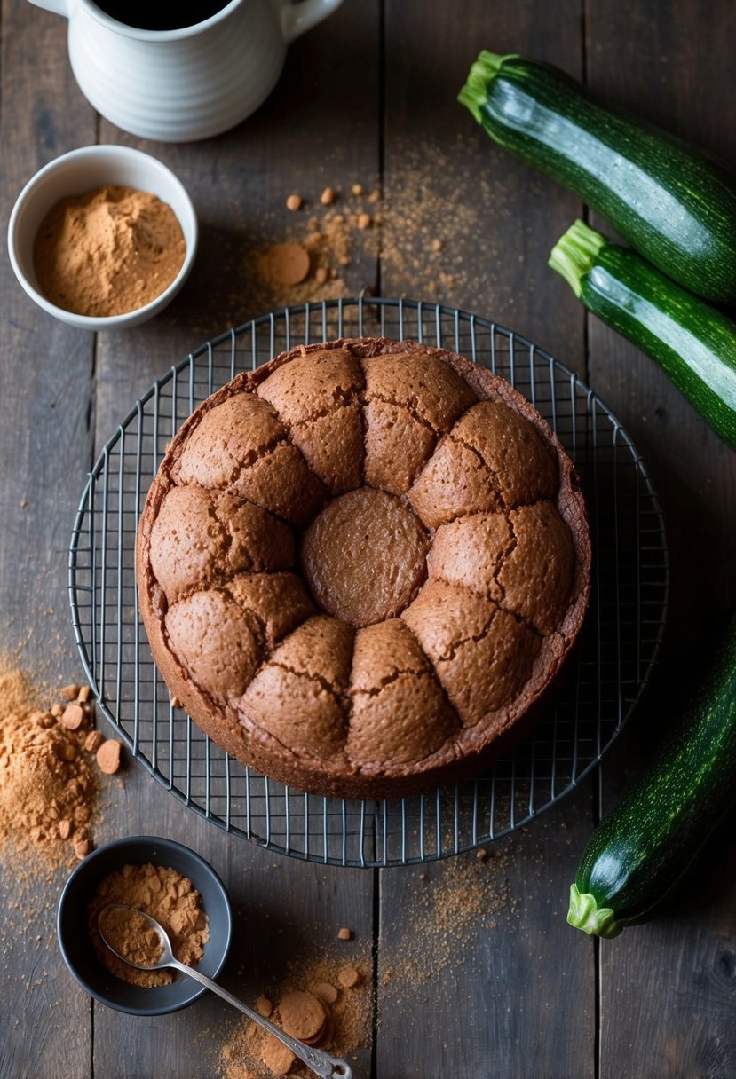 A rustic kitchen table with a freshly baked whole wheat zucchini cocoa cake cooling on a wire rack, surrounded by scattered cocoa powder and grated zucchini