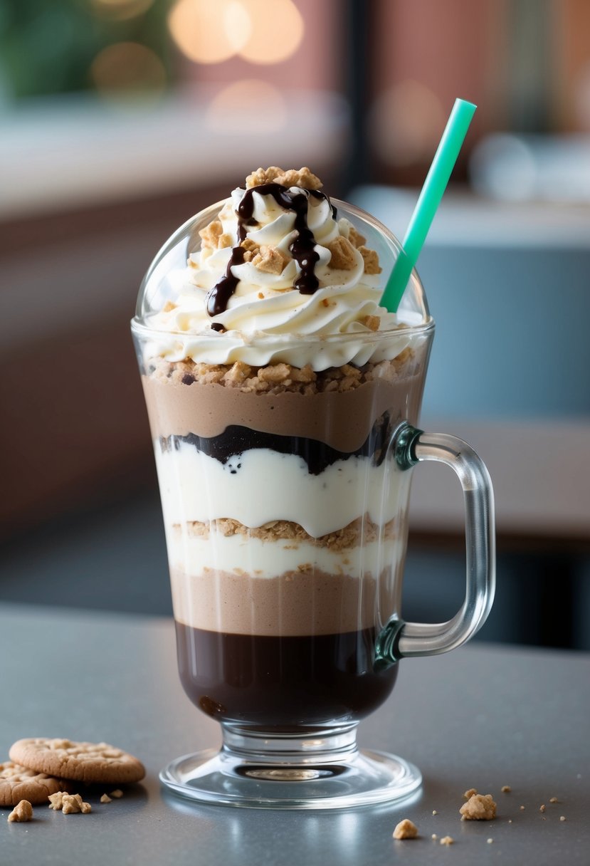 A tall, clear cup filled with layers of mocha sauce, whipped cream, and cookie crumbles, topped with a dome lid and green straw